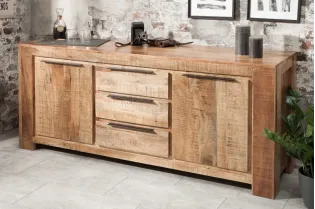 Bahut design industriel de couleur naturelle en bois massif à 2 portes et 3 tiroirs