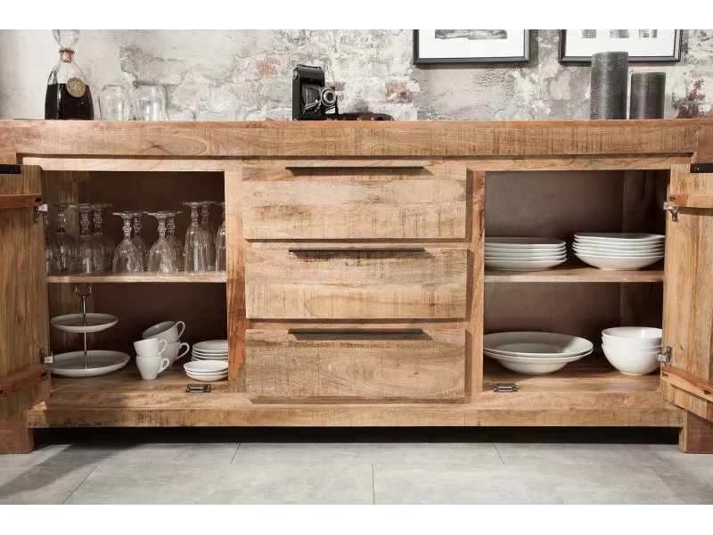 Bahut design industriel de couleur naturelle en bois massif à 2 portes et 3 tiroirs