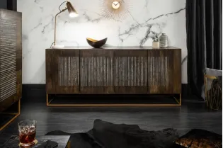 Bahut contemporain à 4 portes en bois massif coloris brun naturel avec pieds en métal doré