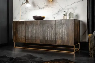 Bahut contemporain à 4 portes en bois massif coloris brun naturel avec pieds en métal doré 2