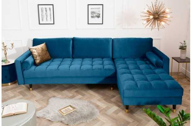 Canapé d'angle en velours coloris bleu 260cm (MONTABLE À GAUCHE + À DROITE)