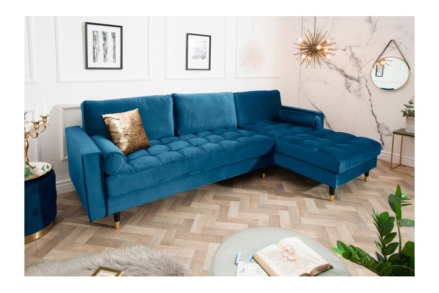 Canapé d'angle en velours coloris bleu 260cm (MONTABLE À GAUCHE + À DROITE)