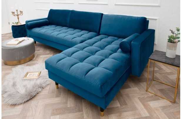 Canapé d'angle en velours coloris bleu 260cm (MONTABLE À GAUCHE + À DROITE)