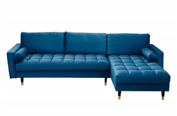 Canapé d'angle en velours coloris bleu 260cm (MONTABLE À GAUCHE + À DROITE)