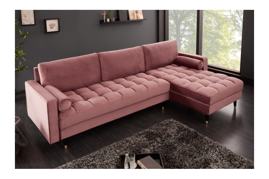 Canapé d'angle en velours coloris rose pastel 260cm (Montable à gauche + à droite)