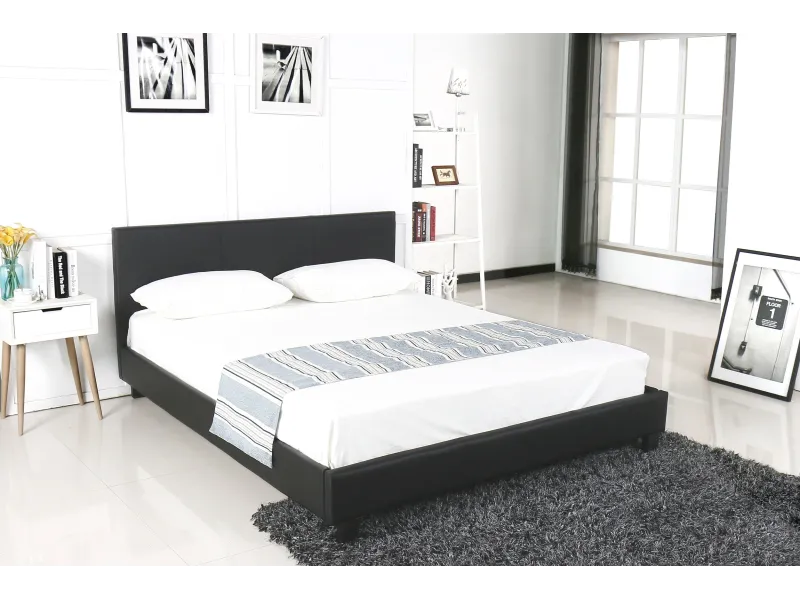 Lit adulte contemporain 140 x 200 cm en simili cuir noir