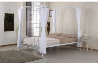Lit deux places en métal avec baldaquin de 140 x 200 cm en métal coloris blanc avec voilage blanc inclus