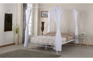 Lit deux places en métal avec baldaquin de 160 x 200 cm en métal coloris blanc avec voilage blanc inclus 2