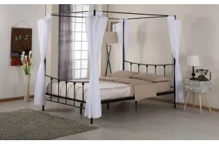 Lit deux places en métal avec baldaquin de 140 x 200 cm en métal coloris noir avec voilage blanc inclus