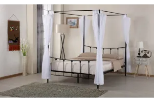 Lit deux places en métal avec baldaquin de 160 x 200 cm en métal coloris noir avec voilage blanc inclus 2