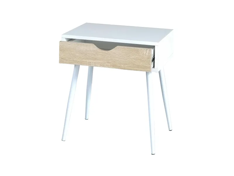 Table de chevet avec tiroir en MDF et métal coloris blanc et bois naturel