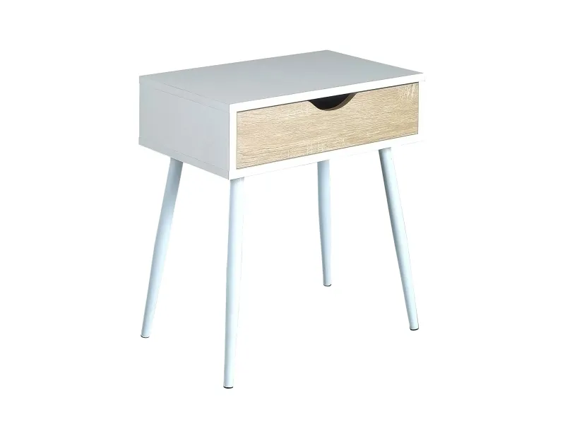 Table de chevet avec tiroir en MDF et métal coloris blanc et bois naturel