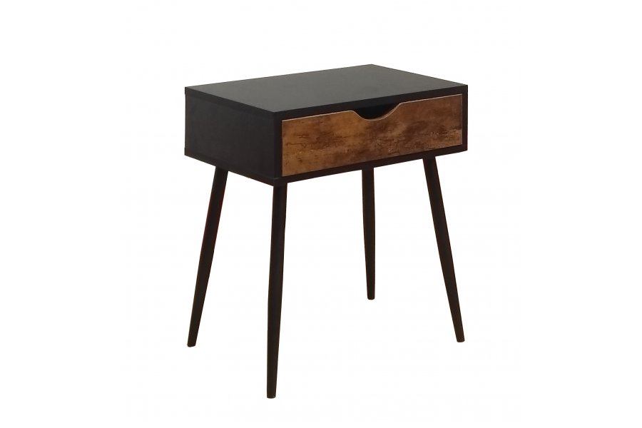 Table de chevet avec tiroir en MDF et métal coloris noir et bois foncé