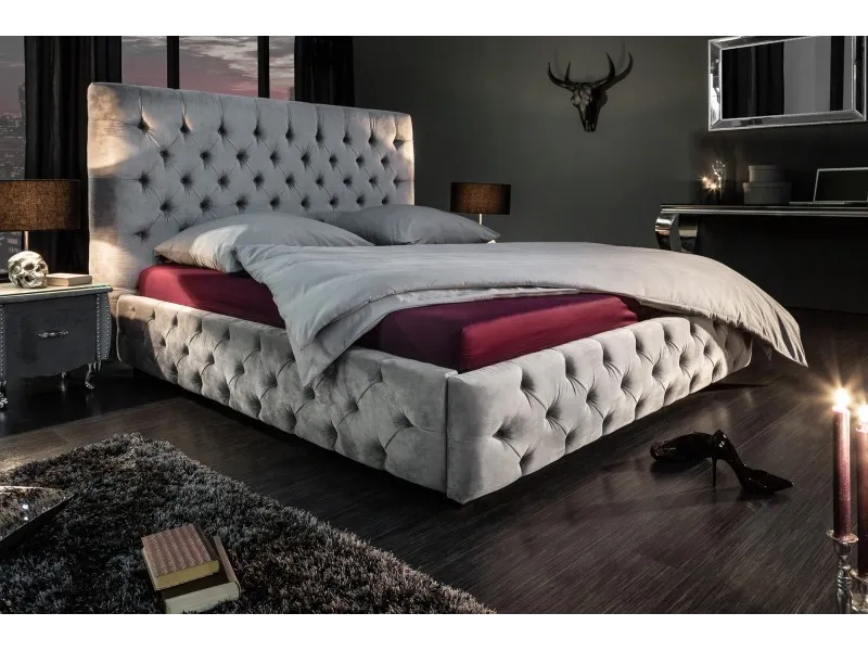 Lit design 160x200cm Chesterfield en velours coloris gris argent