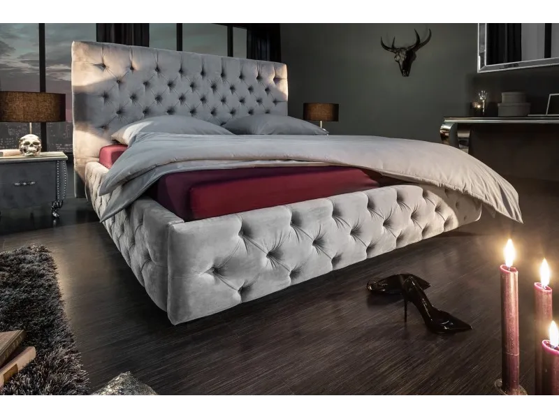 Lit design 160x200cm Chesterfield en velours coloris gris argent