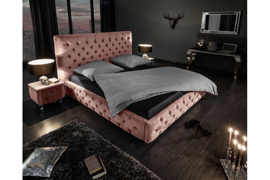 Lit design 160x200cm Chesterfield en velours coloris rose