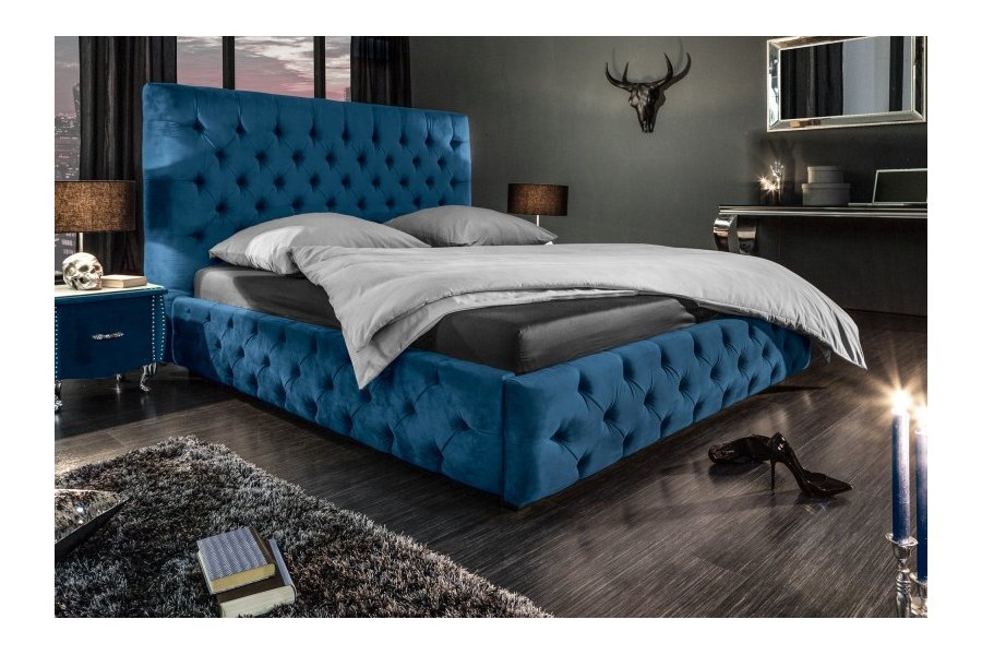 Lit design 160x200cm Chesterfield en velours coloris bleu