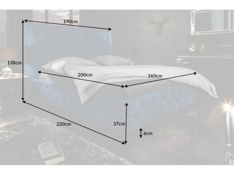 Lit design 160x200cm Chesterfield en velours coloris bleu