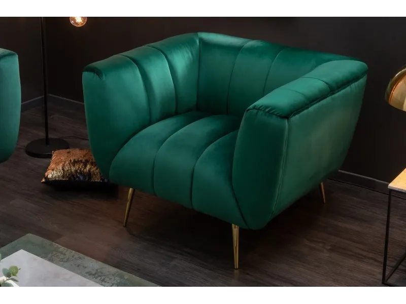 Fauteuil Rétro en Velours Vert Émeraude avec Pieds Dorés