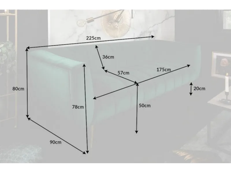 Canapé Rétro Noblesse 3 places 225cm en Velours Vert Émeraude avec Pieds Dorés