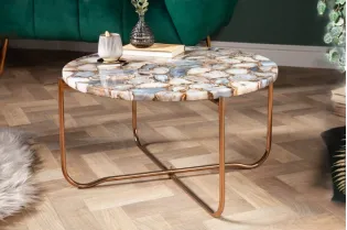 Table basse design ronde en agate multi-couleur avec piétement pliable en métal