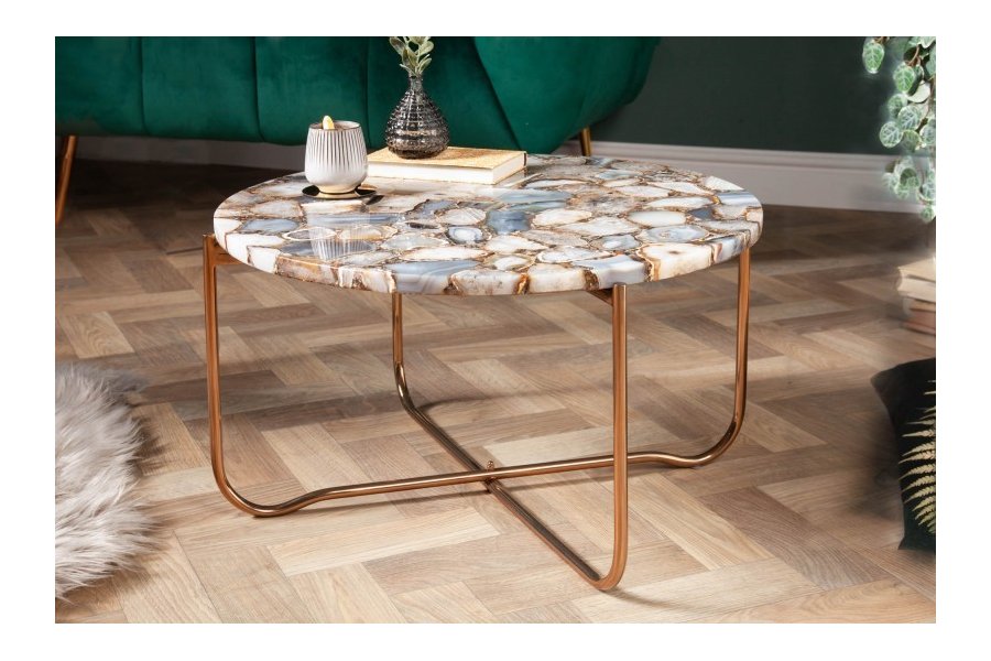 Table basse design ronde en agate multi-couleur avec piétement pliable en métal