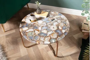 Table basse design ronde en agate multi-couleur avec piétement pliable en métal 2