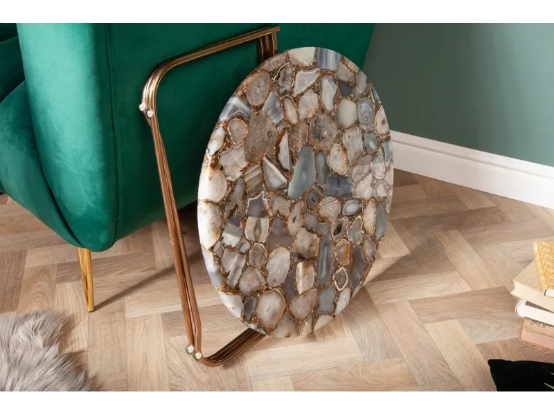Table basse design ronde en agate multi-couleur avec piétement pliable en métal