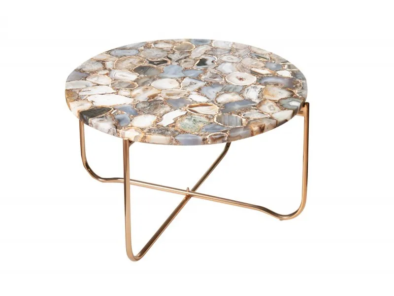 Table basse design ronde en agate multi-couleur avec piétement pliable en métal