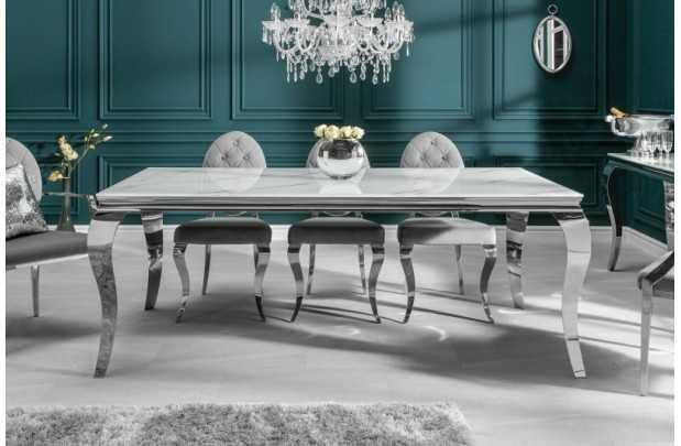 Table design BAROQUE 180cm en acier inoxydable et marbre argenté