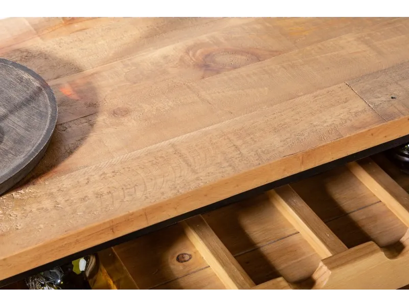 Etagère basse à vin basse en bois de pin design industriel coloris naturel 127cm