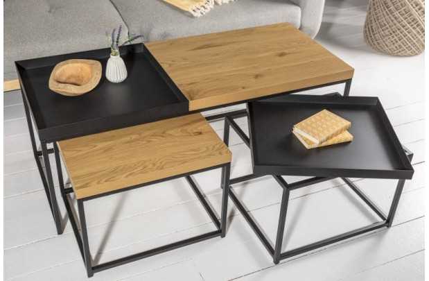 Set de 3 Tables Basses Gigognes en Chêne & Métal Noir