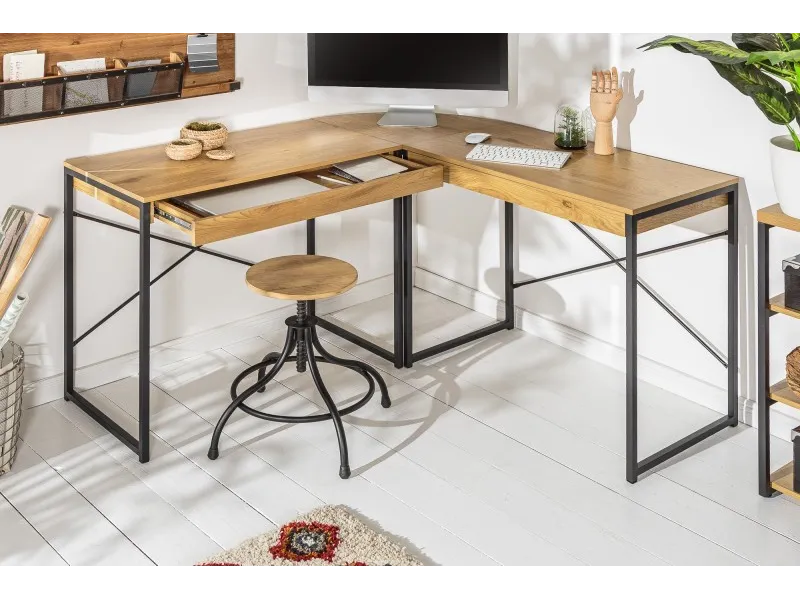 BUREAU D’ANGLE DESIGN INDUSTRIEL EN BOIS MASSIF FORME L