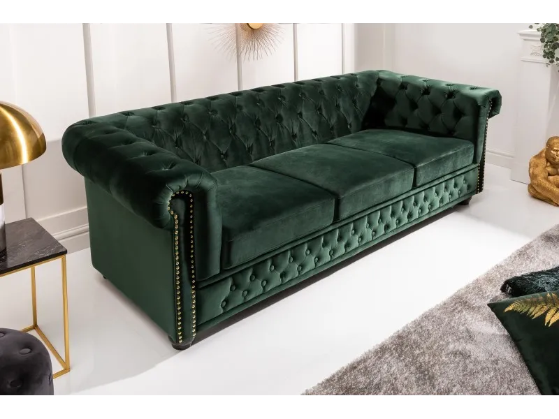 Canapé Chic Chesterfield Design en Velours Vert 3 Places