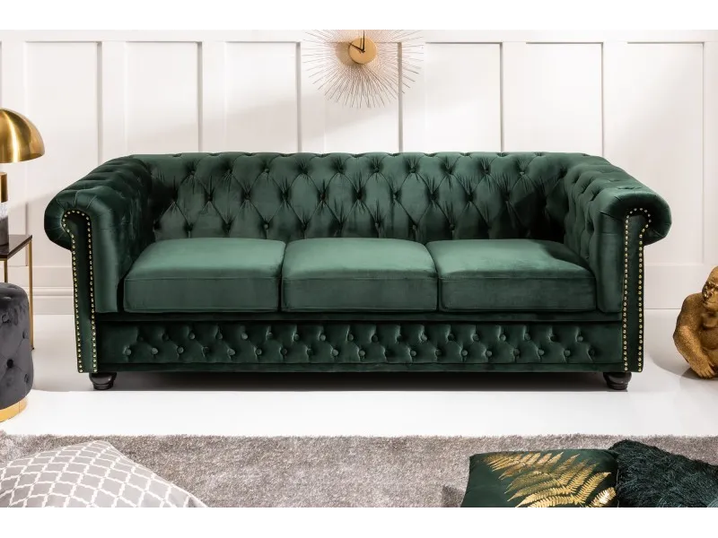 Canapé Chic Chesterfield Design en Velours Vert 3 Places