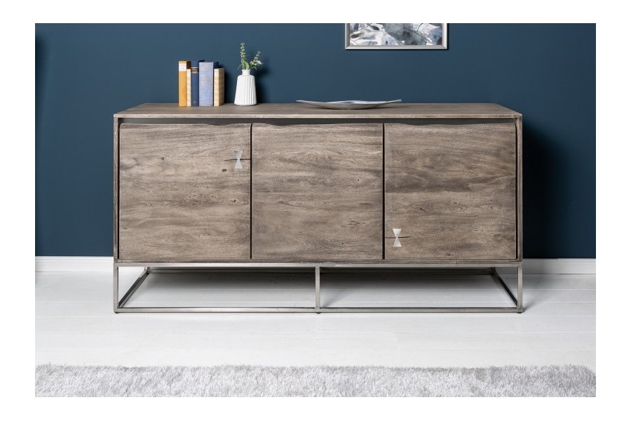 Bahut design acacia de 147cm coloris gris en bois massif et métal