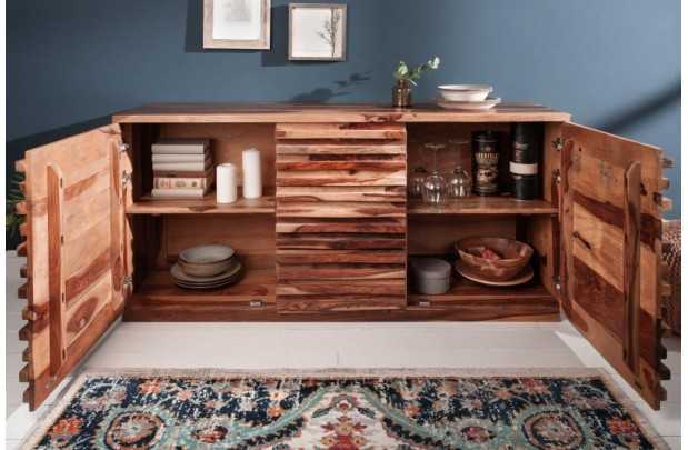 Bahut design coloris naturel en bois massif à 3 tiroirs et 2 portes