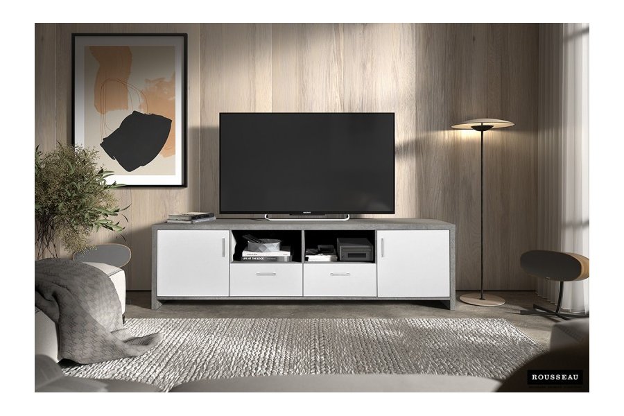 Meuble TV moderne à 2 portes et 2 tiroirs coloris béton et blanc