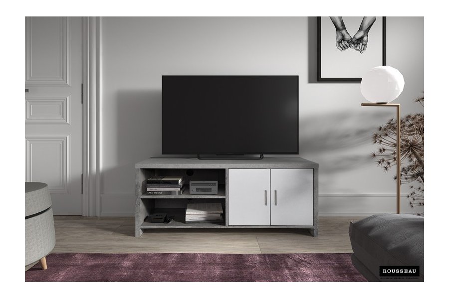Meuble TV moderne à 2 portes coloris blanc et béton