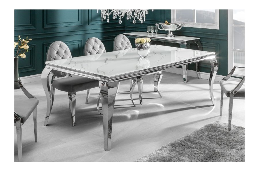 Table design BAROQUE 200cm en acier inoxydable et marbre argenté