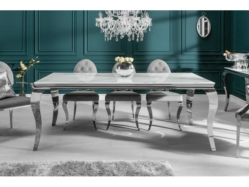 Table design BAROQUE 200cm en acier inoxydable et marbre argenté
