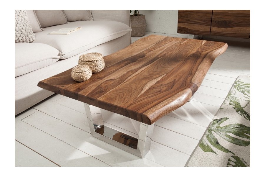 Table basse moderne 110cm coloris naturel et chromé en bois massif