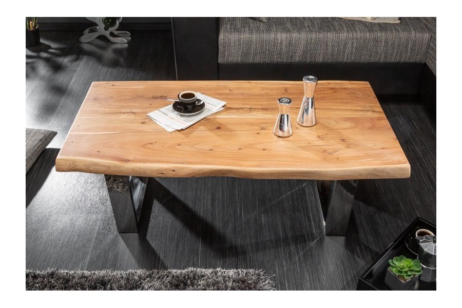 Table basse moderne 110cm coloris naturel et chromé en bois massif
