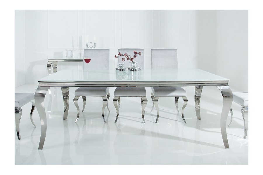 Table design BAROQUE 200cm en acier inoxydable et marbre blanc argenté