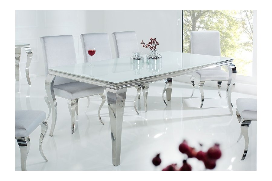Table design BAROQUE 200cm en acier inoxydable et marbre blanc argenté