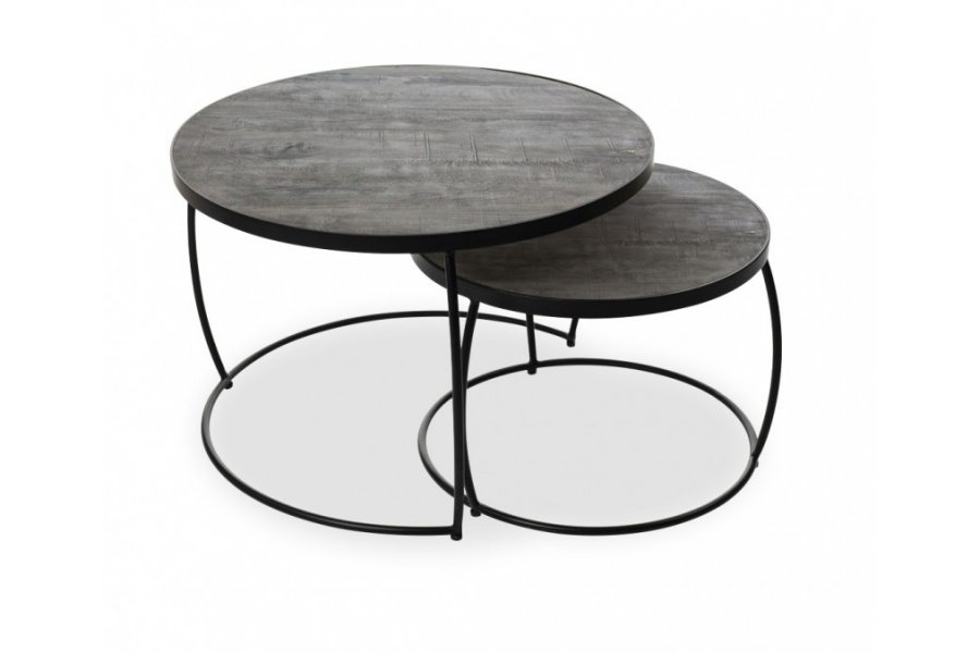 Lot de 2 tables basses rondes style industriel en bois coloris gris