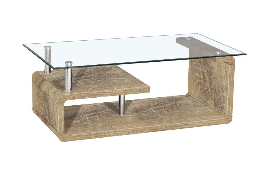 Table basse 120 cm coloris chêne clair avec plateau en verre