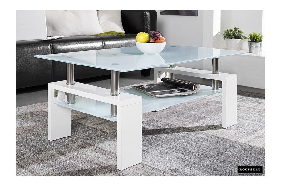 Table basse design coloris blanc laqué avec plateau en verre