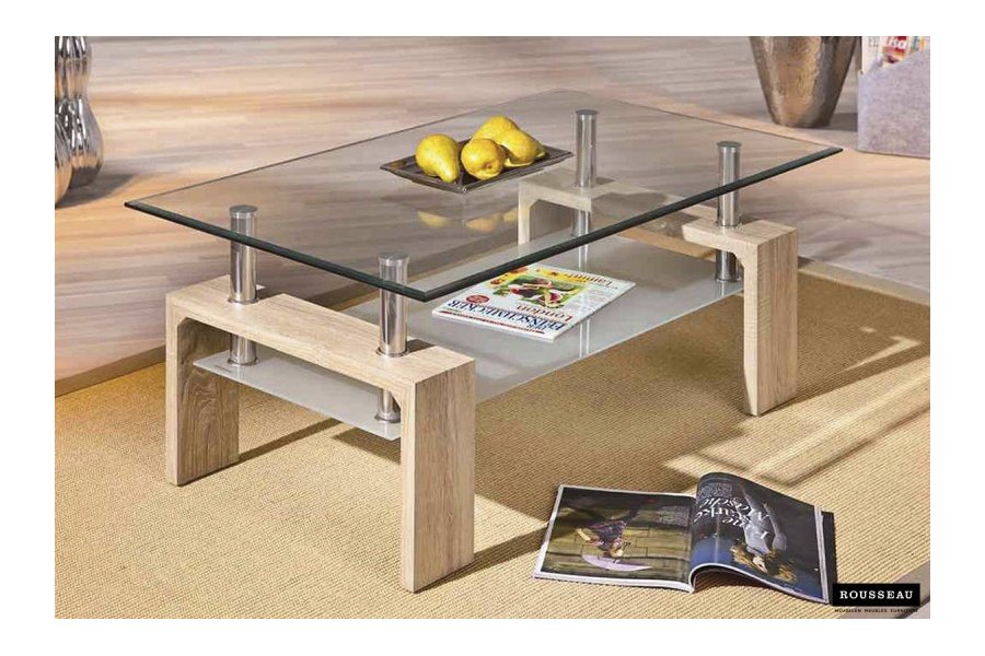 Table basse design coloris chêne clair avec plateau en verre