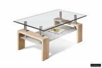 Table basse design coloris chêne clair avec plateau en verre
